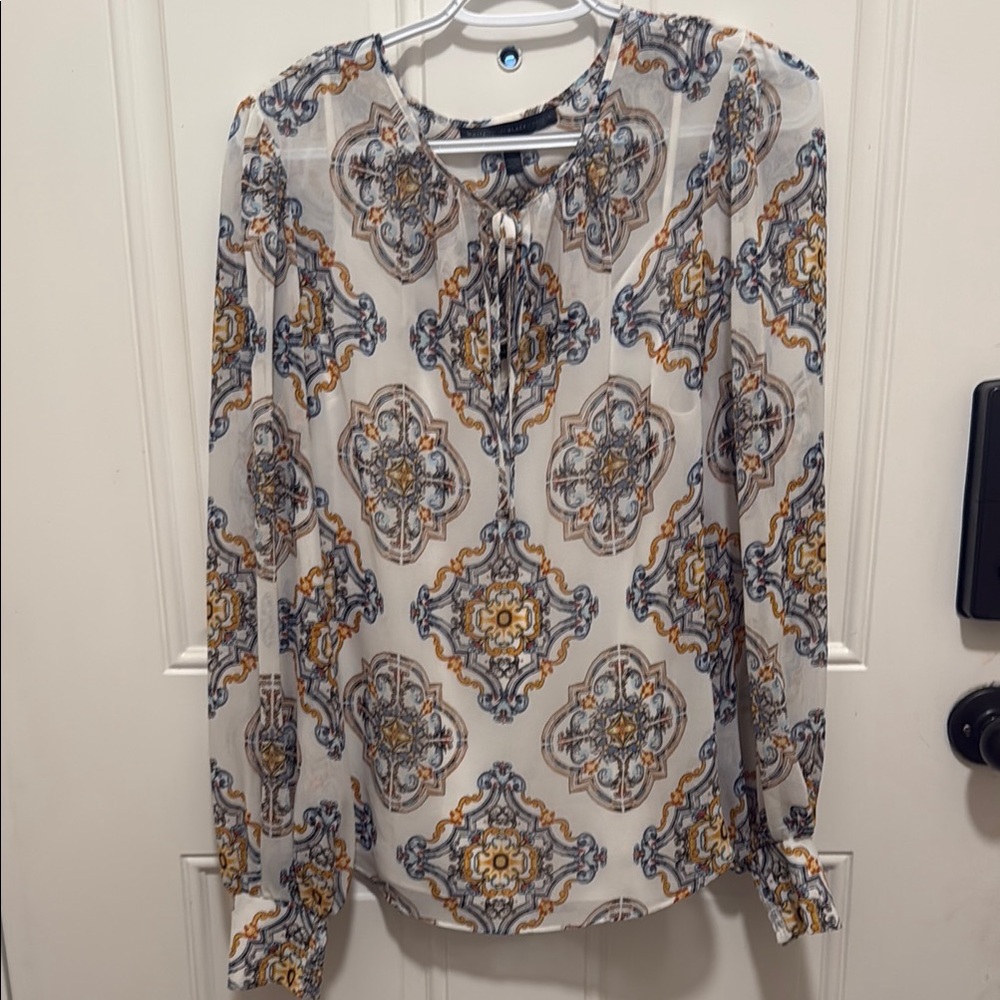 White House Black Market Gray and White Tie Front Blouse with Mandarin Collar